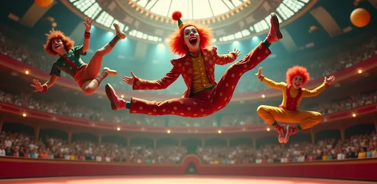 professional circus clowns performing acrobatics 