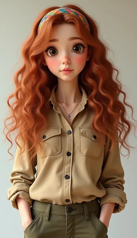  Woman Long curly hair , reddish-brown in color.  She wears a colorful headband and a long sleeve blouse, with cargo pants .  Her eyes are big and expressive , transmitting curiosity.
