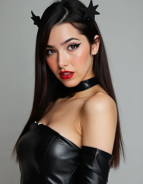 cute portrait of woman who has had lip fillers and has very full lips, red lip gloss, latex maid outfit