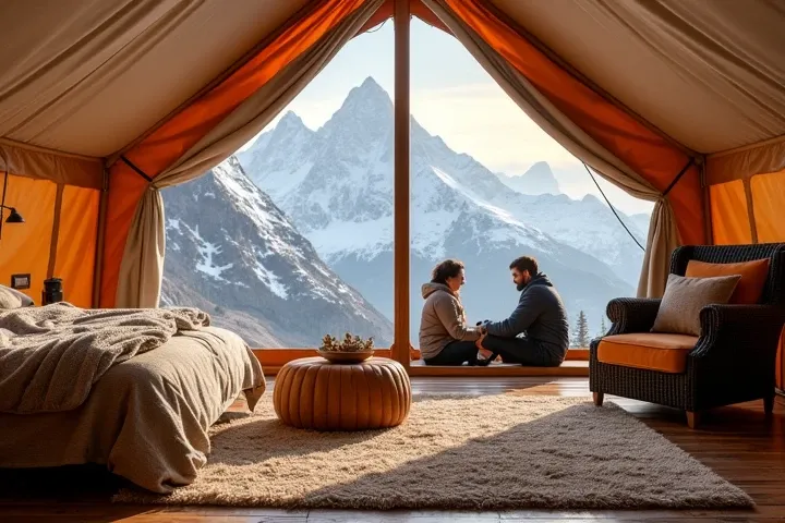  Create an image of a cozy glamping site at the foot of Mount Elbrus in Russia.  Imagine camping with luxurious tents ,  stove equipped with warm bedrooms ,  cozy terraces and panoramic windows ,  region overlooking the snow-capped peaks of the Caucasus . ...