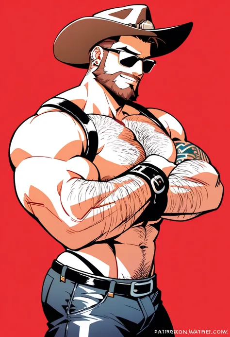 a bearded tattooed muscle man  posing,  SFW,  muscular man,  Perfect anatomy ,  balanced anatomy ,  hairy,  big breast, BDSM costume , cowboy hat, Sunglasses,  tight thong, black harness , big crotch, lewd expression,  muscular,  short haircut, bearded,  b...