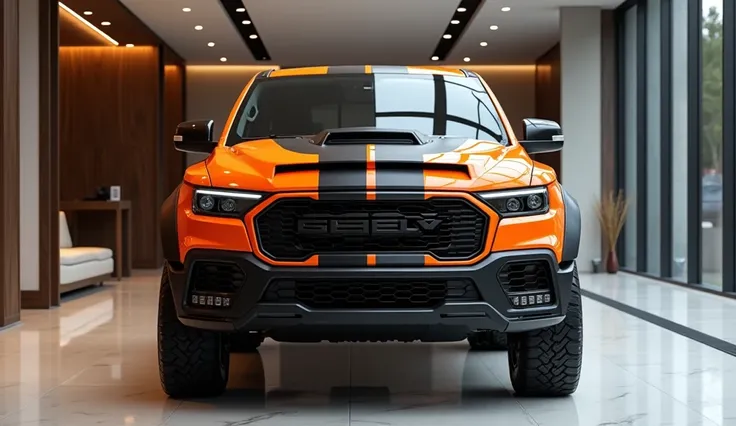 Shelby pickup truck 2025 front picture standing in show room orange 