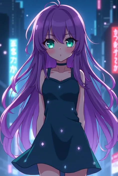 Create a vibrant anime character with long, flowing purple hair and glowing teal eyes. They are wearing a simple pattern dress. The background features a neon cityscape at night. The character exudes an air of mystery and strength. Their posture is ready f...