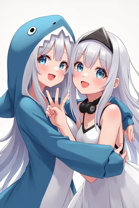 Two girls, one girl has a shark costume with white hair and a frock, her blue eyes and smiling in the embrace of the other, who has long white hair with a triangle headband, black earphones on her neck, has a tight black collar that are together clutching ...