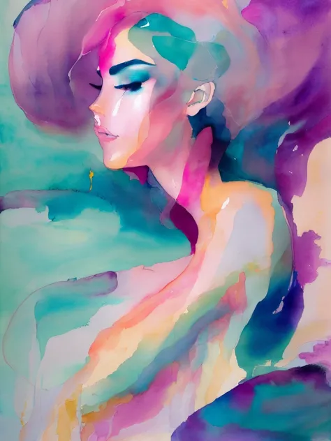 An artistic nude portrait of a woman surrounded by soft, abstract watercolor splashes. Her form is partially obscured by flowing paint and gentle drips in pastel shades of pink, blue, and purple. Her features are delicately highlighted, blending seamlessly...