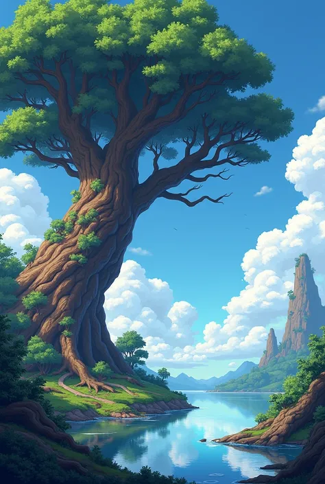 Fantasy back ground tree sky water pixcel art
