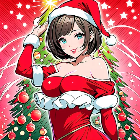 lineart, infrared filter, {worst quality, low-quality}, ((girl:1.4)), (((Black short hair:1.3))), plump shiny lips, (beautiful eyes), ((cute santa costume:1.3)), (off shoulders:1.4), ((Perfect hand:1.2)), wearing a french maid, white ruffle apron, push up ...