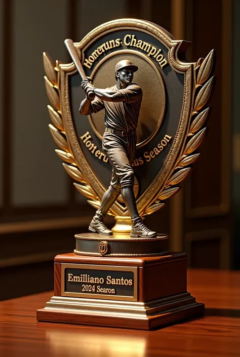 Make an image of a baseball award that says champion homeruns season 2024 Emiliano Santos 31 but in letters you cant put a trophy