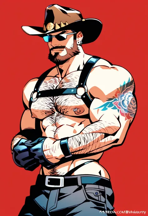 a bearded tattooed muscle man  posing,  SFW,  muscular man,  Perfect anatomy ,  balanced anatomy ,  hairy,  big breast, BDSM costume , cowboy hat, Sunglasses,  tight thong, black harness , big crotch, lewd expression,  muscular,  short haircut, bearded,  b...