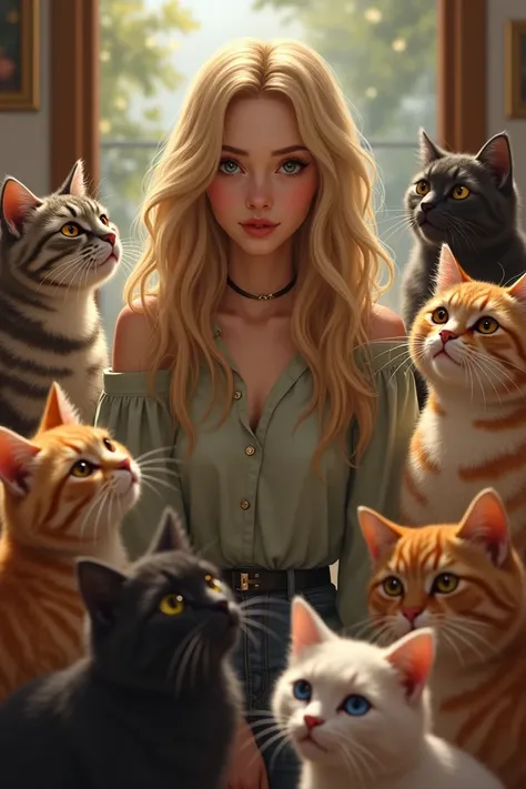  blond-haired woman , with a serious face, surrounded by happy and playful cats 