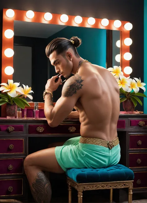 A lean, muscular, and attractive shirtless man sits on a luxurious velvet bench in front of a large dresser with a neon-framed mirror. His exposed back is tattoed with circular frangipani flowers in many colours. He is thoughtfully applying makeup, his mov...