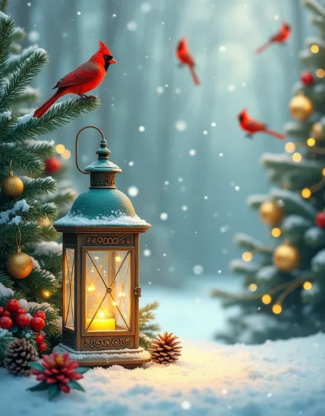 A vintage, wintery outdoor snowy Christmas background with a cute aqua and gold rustic lantern decorated for Christmas with Christmas lights, Christmas trees with gold ornaments, a aqua cardinal, gold cardinal, pine cone, pine branches, holly berries, card...