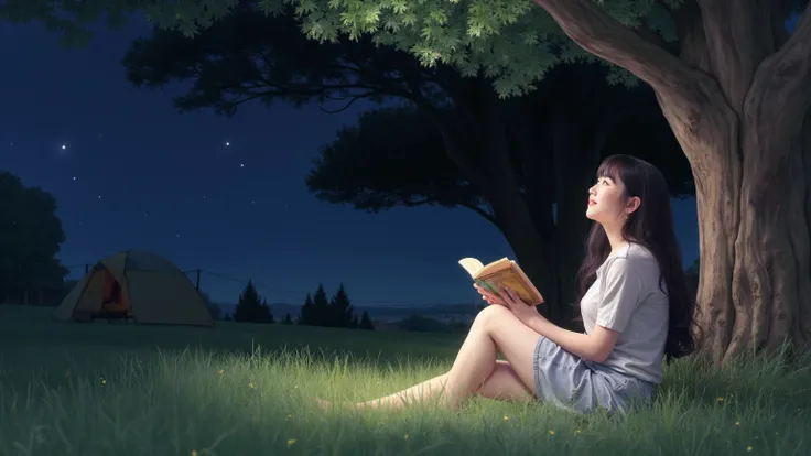 Young woman sits on the grass reading a book, long black curly hair, wearing glasses, delicate smile, bright brown eyes, looking up at the sky, lamp light, whole body, under a huge tree, farther view, a tent in the background, starry sky, illuminated night...