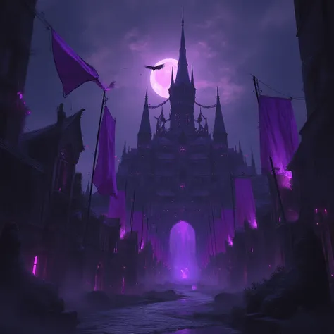 A medieval huge gloomy Gothic city hung with purple flags. The moon is in the sky. The atmosphere is creepy. The city is full of sharp peaks. Purple light is shining from the windows. The city of the dark elves. There are crows in the sky. Dark purple ligh...