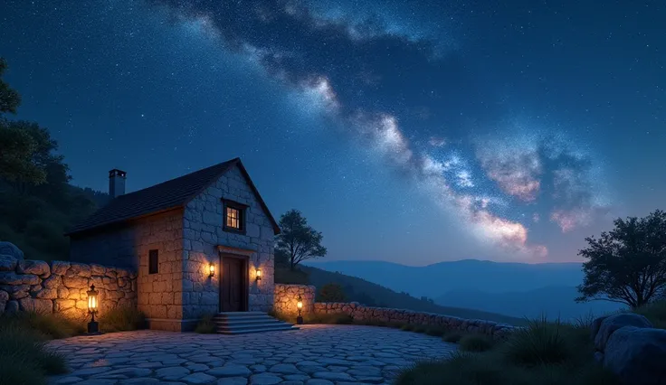 A starlit night sky over a tranquil monastery, the Milky Way glowing brightly, with warm lanterns illuminating the scene, symbolizing divine connection and the beauty of trusting the unknown, captured in vivid, 3D realism."
