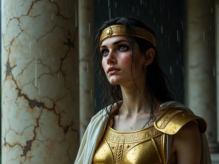  A dramatic image in vertical format  (9:16),  showing Athena in half a body ,  set against a worn marble column under a thin .  Your skin is monochromatic ,  rain with soft shadows that highlight its introspective and profound features. The golden armor ,...