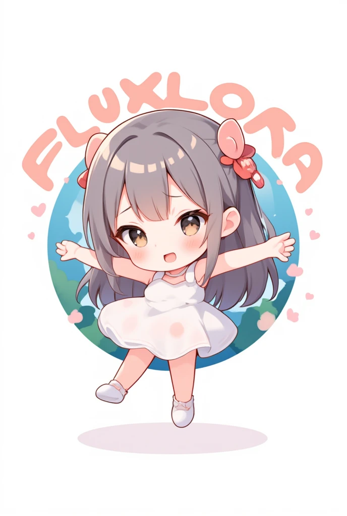 cocoart,chibi,simple art,1girl,flat color,logo, text is "FluxLoRA", dress,kawaii