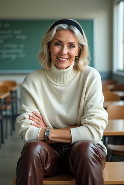 Femme caucasienne de 55 ans. Elle a les cheveux mi-longs de couleur blonfs gris. Ses cheveux sont plaqués en arrière et elle porte un diadème noir. Elle porte un pull col roulé en laine blanc ample. Ses manches sont remontées au niveau de ses coudes. Elle ...