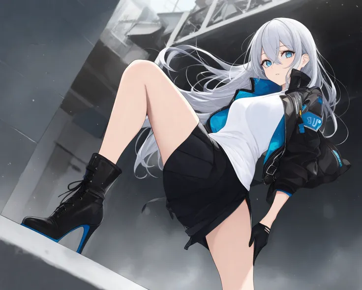 best quality, solo, standing, 1girl, blue eyes hair between eyes, long hair, silver hair, ankle boots, black gloves, black jacket, black skirt, high heel boots, open jacket, white shirt, looking at viewer