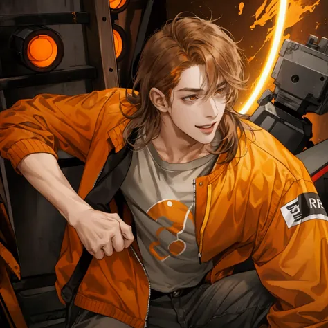 Trans male, darl brown short hair, slightly long hair and messy, honey eyes, loosen clothes, orange jacket, grey t-shirt, bright smile, enthusiastic, around 20s.