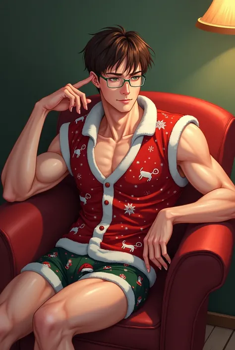   Manhwa digital art for tall semimuscular men,  short brown brown hair , light green eyes ,  pearlescent skin,  with reading glasses .
 In Wilson boxers with Christmas print ,  Santa Claus vest , posing sensually . 
en un sillón color negro sentado 