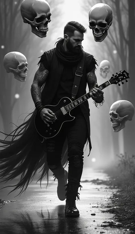 The image is a striking monochrome illustration featuring a handsome rocker man, 35 years old, heavily tattooed, short haircut, beard, wearing black attire with an ethereal quality, surrounded by floating skulls, walking and playing electric guitar down a ...