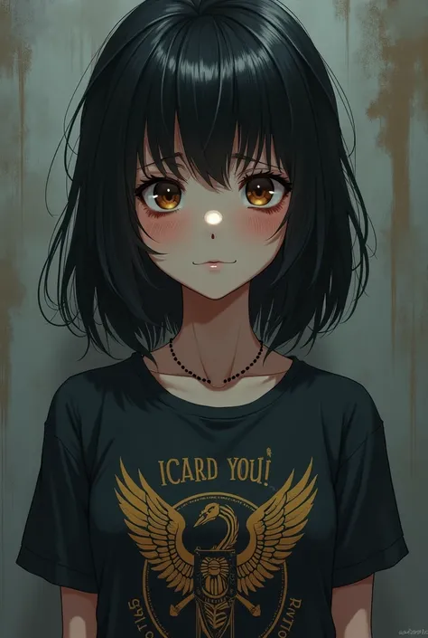 Anime girl, not very beautiful , black hair cut in layers at shoulder height, brown eyes,  t-shirt of a rock band and a calm expression, with dark circles, with rocker style 