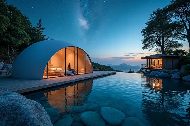 Create an image,  that summarizes unique and unforgettable moments of relaxation in unusual places — a glass igloo under the starry sky, , a floating water villa and a tree house among trees . The composition can be centered on a person ,  enjoying the vie...