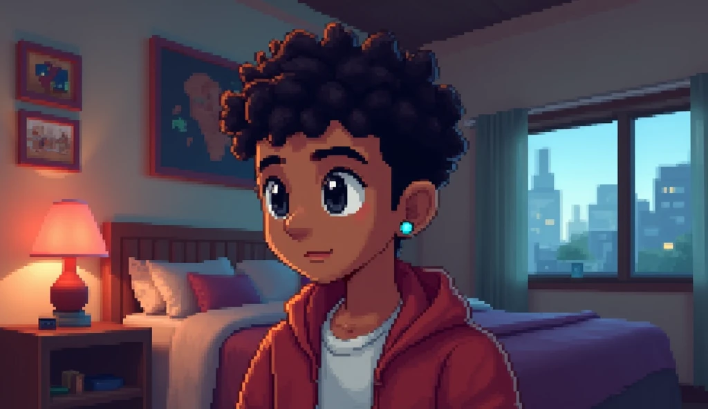 Create a character a young brown man with short curly hair,  black eyes and with an earring in an ear , Gamer bedroom in pixel art