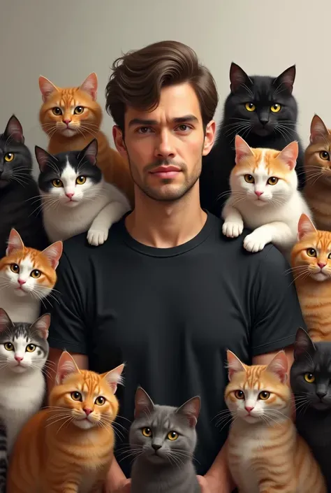 normal man, with a serious face and with a black t-shirt, surrounded by happy and playful cats  