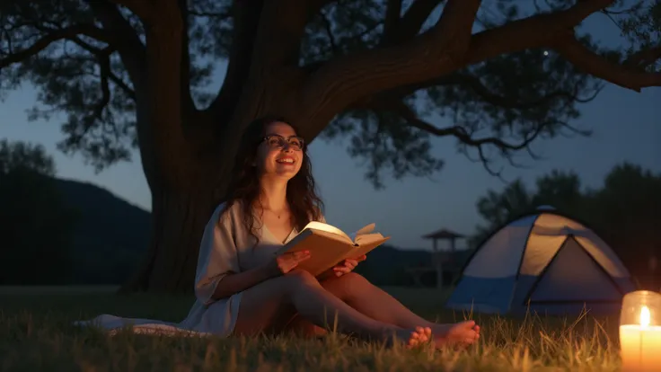 Young woman sits on the grass reading a book, long black curly hair, wearing glasses, delicate smile, bright brown eyes, looking up at the sky, lamp light, whole body, under a huge tree, farther view, a tent in the background, starry sky, illuminated night...