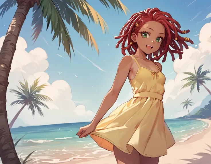 score_9_up, score_8_up, score_7_up, 1girl, solo, source_anime BREAK 

(Red hair), dreadlocks, tanned skin, green eyes BREAK 

Yellow sundress, small breasts BREAK 

Smile, open mouth, standing, outdoors, grass, seaside, palmtree, blue sky , 