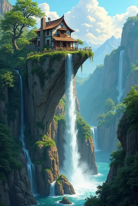  Create a precipice with a house at the top and a waterfall. A green and beautiful environment 