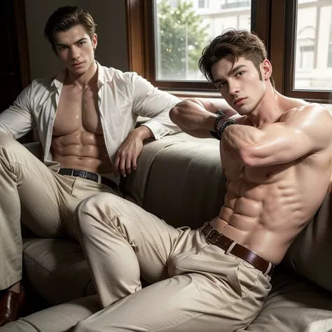   better quality , 3 man ,  muscular man,   mens shirtless ,  man sitting ,  Light dress pants  ,   beige dress pants  , brown belt, open belt ,  man sitting  com pernas abertas, open pants, open pants mostrando a cueca, open pants,  showing their briefs ,...