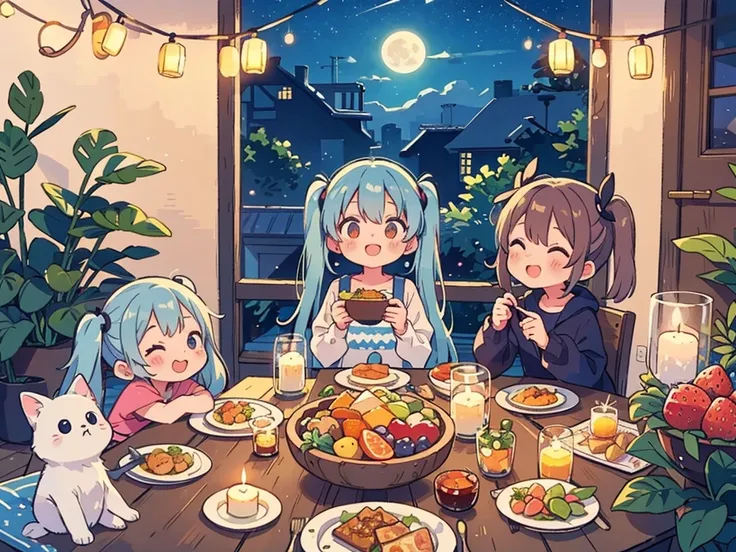  Light Blue Long Hair 、 Beautiful Girl with Twin Tails 、 bright room 、Outside the window is a full moon and a starry sky 、 smiling and having a candle party with 3 friends、 Delicious Meals 、fruit