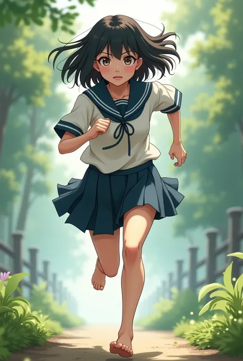 Japanese girl wearing a seifuku barefoot running 