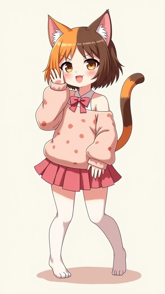  Anime calico cat girl with a tricolor color ,  orange side on the left and the light brown on the right  , white wool  ,  is wearing a fluffy light pink top with soft brown spots,  a short pink mini skirt  , the sleeves of the top are lush with naked with...