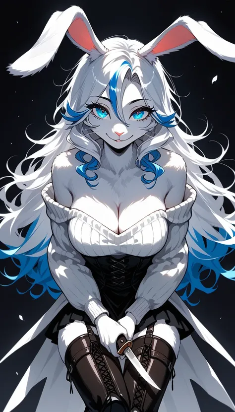 core_9,score_8_up,score_7_up, source_furry, ( bunny, Anthro furry bunny girl, adult female, ) , beautiful anthropomorphic white bunny woman, she has long white curly hair, white hair with blue highlights at their tips, and blue eyes, fine white fur, white ...