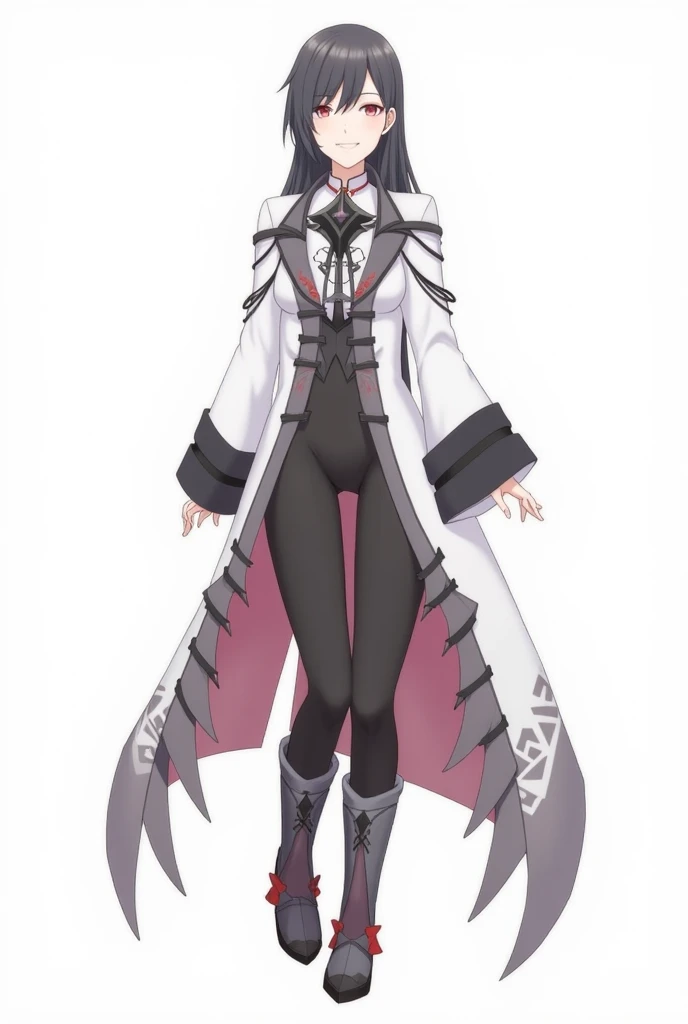 Yinyun de konosuba.
 Long asymmetric jacket :  The jacket is predominantly white with gray and black details .  It has a structured design in shoulders and extends downwards in a kind of long coattails in shades of gray and red ,  giving it a dramatic and ...