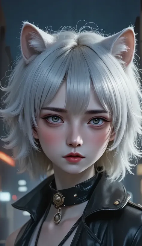 a young boy, a white fox tile, black clothing, white hair covering face, black collar with silver bell, beautiful detailed eyes, beautiful detailed lips, extremely detailed eyes and face, long eyelashes, photo-realistic, 8k, best quality, masterpiece, dram...