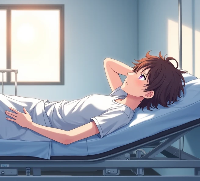  An 18-year-old anime-style man , To Love Ru,  soft lighting , He is lying on a stretcher with medical equipment on the sides ,  he is inside a medium-sized room on the fifth floor of a white hospital with white walls in the city of Tokyo ,  there is a sma...