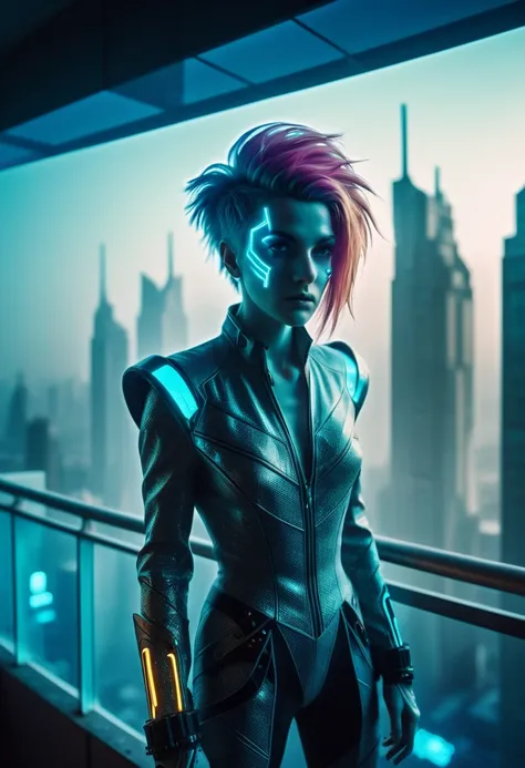 Fancy colors. a futuristic queen. , texture, film grain, skin pores:0.1 intricate dramatic portrait of a beautiful windblown scifi scientist standing on a balcony overlooking a futuristic (solarpunk)1.2 city, foggy morning, cinematic movie still frame, bla...