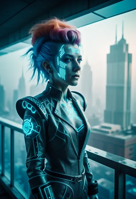 Fancy colors. a futuristic queen. , texture, film grain, skin pores:0.1 intricate dramatic portrait of a beautiful windblown scifi scientist standing on a balcony overlooking a futuristic (solarpunk)1.2 city, foggy morning, cinematic movie still frame, bla...