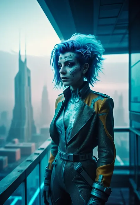 Fancy colors. a futuristic queen. , texture, film grain, skin pores:0.1 intricate dramatic portrait of a beautiful windblown scifi scientist standing on a balcony overlooking a futuristic (solarpunk)1.2 city, foggy morning, cinematic movie still frame, bla...