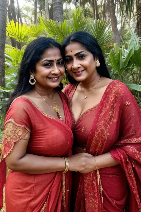 Indian beautiful aunt and young woman, two lesbian women, two naked women, naked full body, aunt in her 50s, dark skinned aunt, red lips, big breasts, aunt wearing a small red dot (bindi) on her forehead, aunt wearing a refined nose ring and beautiful earr...