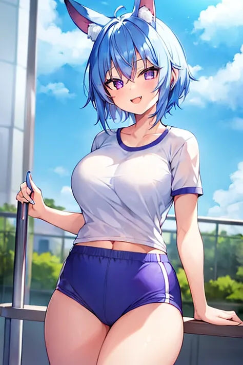 1girl, blue hair, light blue hair, very short hair, purple eyes, large breasts, thick thighs, ((petite)), fang, ((fang)), smile, gym uniform, blue shorts, short pants, white shirt, light smile, rabbit ears, animal ear fluff, ((animal ear fluff)), cowbow sh...