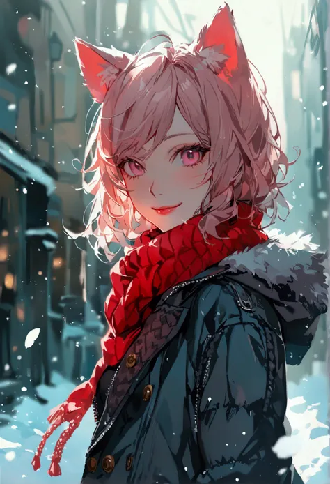 winter，smile，cat ears girl，Gray Hair,pink eyes,check muffler,coat,boots, women in their 20s 