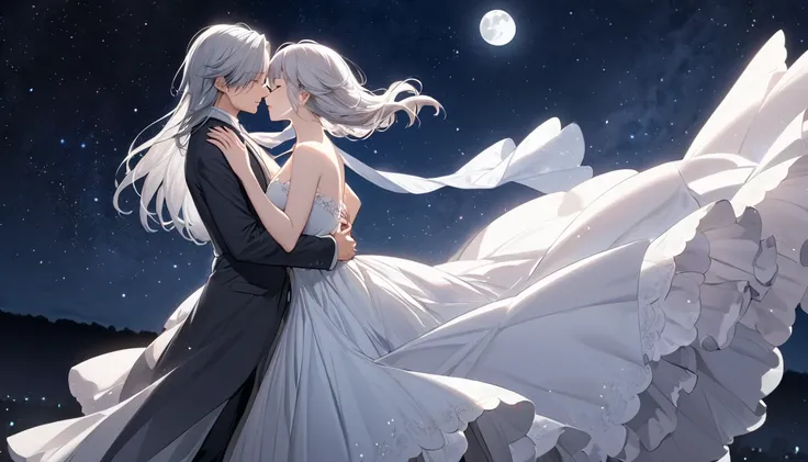  top quality ,Woman waltz ,1 person, long gray hair,moon, starry sky 