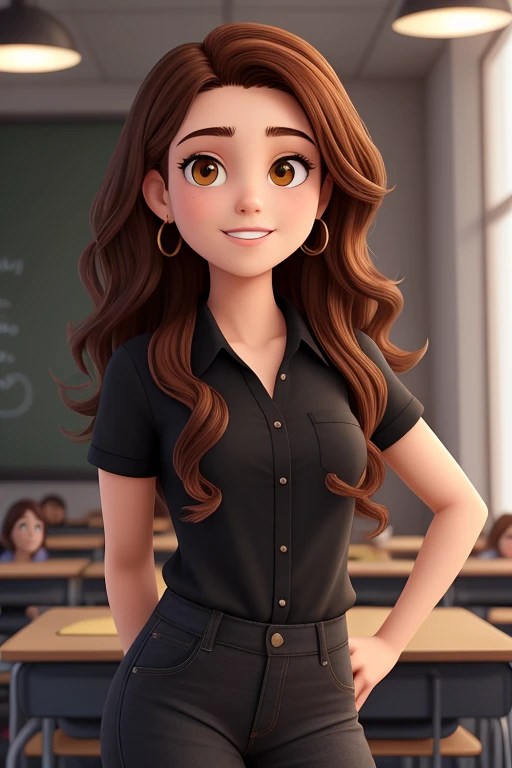  a 22-year-old woman ,  with long curly dark brown hair  , round face, lovely smile, and brown eyes, in a classroom,  lighting studio ,  sign language interpreter and sign language teacher. she is wearing black clothes , black blouse and jeans 