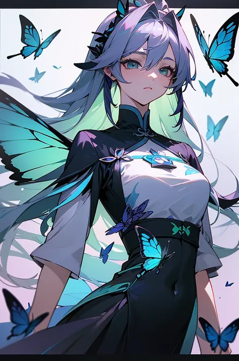 ((masterpiece)), (((best quality))), ((extremely detailed)), colorful, hdr, 1girl, solo, upper body, grey hair,green eye, luotianyi (xiachong),xiachong, black and purple dress, (blue butterfly), white butterfly wings